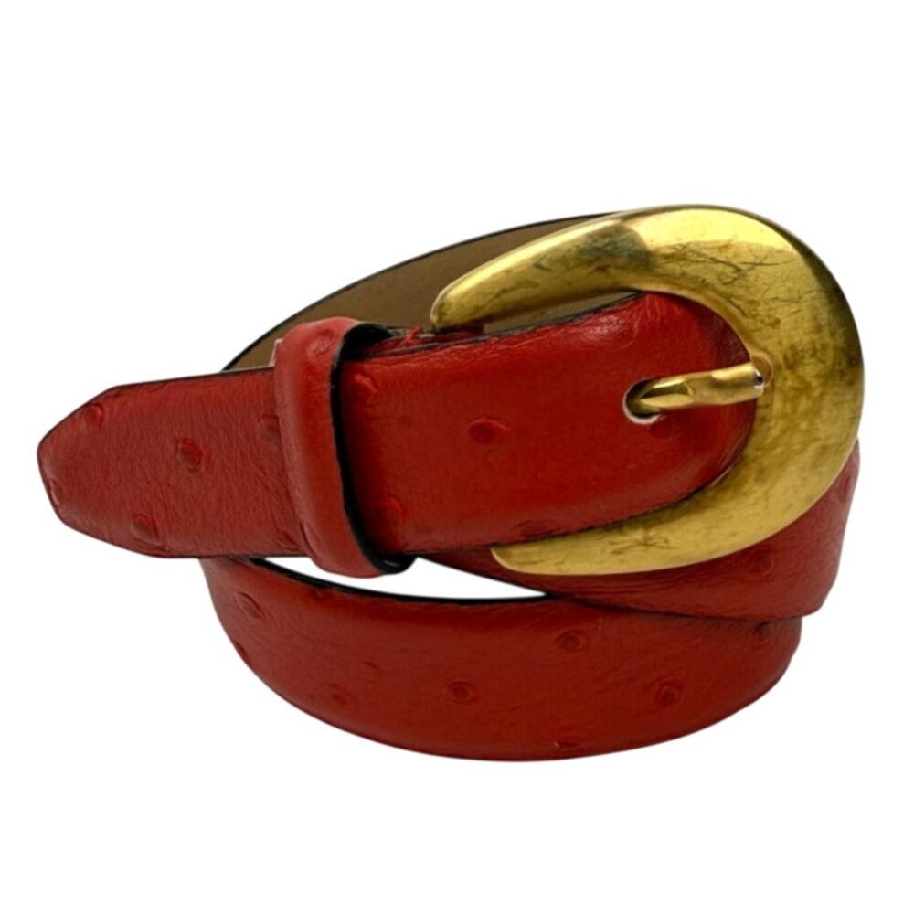 MCM Red Ostrich Embossed Leather Belt Gold Buckle Luxury Made in Italy 26